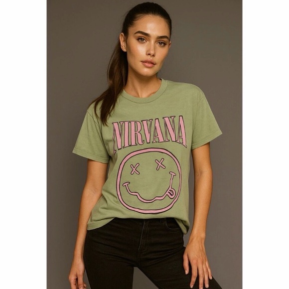 NIRVANA Tops - Nirvana Green Mint Pink Band Tee Happy Face T-shirt Size L Unisex